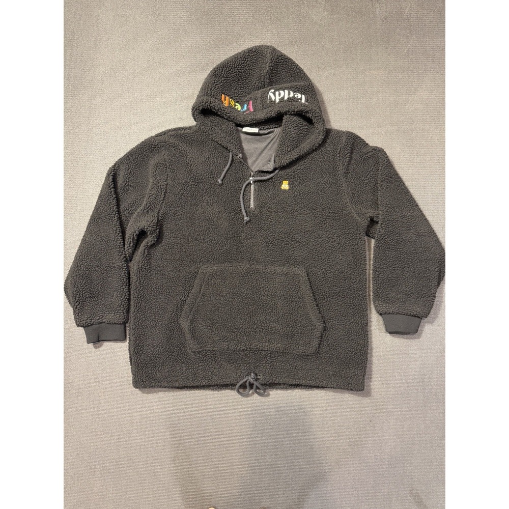 Teddy Fresh Jacket Black Sherpa Hoodie 1/4‎ Zip Drawstring Size 2XL